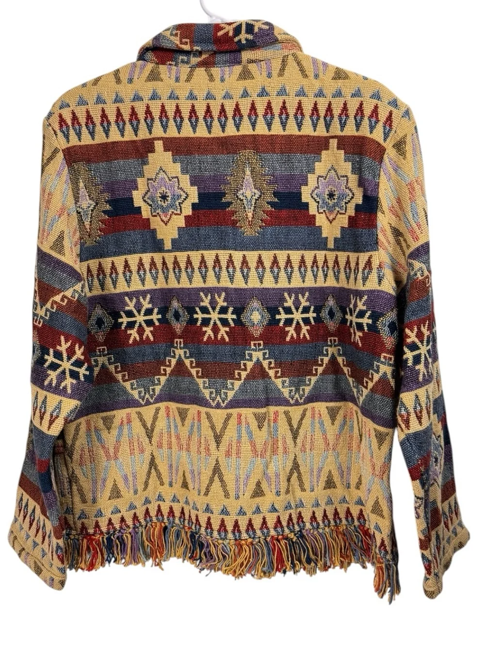 Aztec Southwestern Size Medium Tapestry Jacket Silver Metal Buttons Fringe Hem